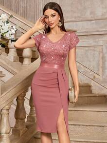 MIUSOL Elegant Sequin Lace Puff Sleeve Ruched Split Thigh Cocktail Party Bodycon Dress,Semi Formal Women Dress,For Wedding Guest, Graduation, Dinner - Dusty Pink - View 6