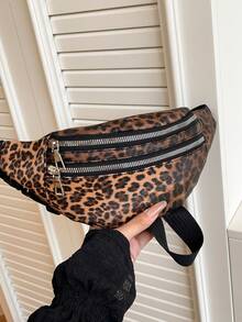 1pc Leopard Print Waist Bag, PU Material, Unisex, Adjustable Leopard Print Crossbody Fanny Pack, Multi-Zipper Design, Suitable For Fitness, Travel, Daily Use, Portable Phone, Small Interior, Cycling, Outdoor Sports - Multicolor - View 9