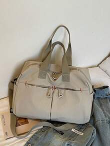 1 chiếc túi du lịch/đi làm cuối tuần bằng nylon màu kaki phối chỉ tương phản, dung tích lớn, khóa kéo. - Nhiều màu - Xem 3