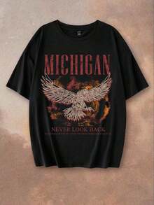 Camiseta de manga corta de ajuste holgado con cuello redondo y estampado de águila en estilo casual para mujer, adecuada para el verano - Negro - Ver 7