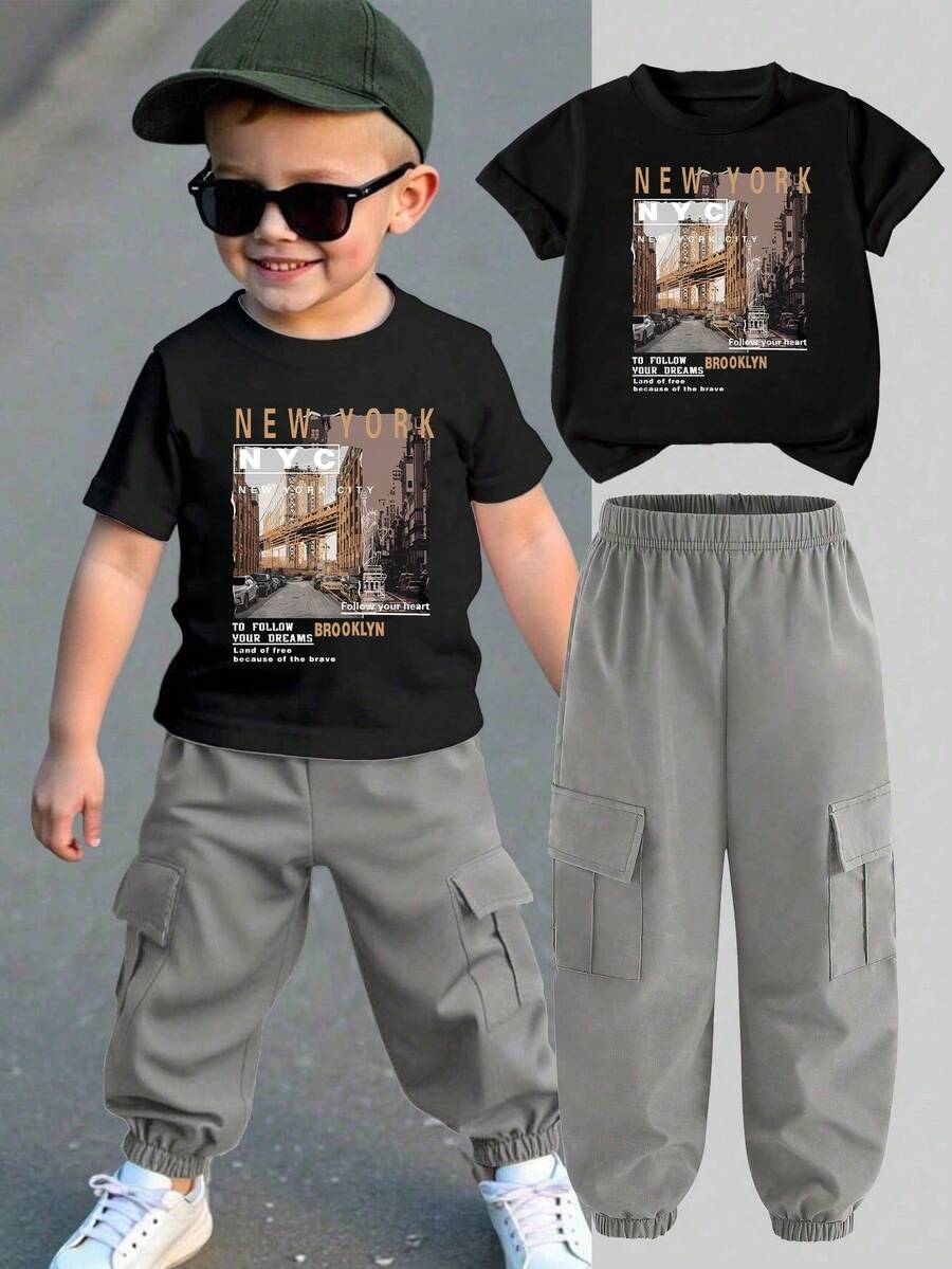 Young Boy Cartoon Print Round Neck Short Sleeve Top And Cargo Pants Set - Black - View 1