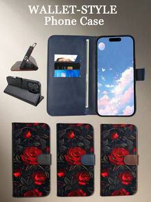 Dark Night Red Roses With Golden Vine Retro Style Pattern, Premium Durable Flip Card Wallet Phone Case, Gothic Romantic Folio Case With Magnetic Clasp, For Halloween, Anniversary Gifts And Women Who Adore Bold Colors & Classic Florals, Compatible With IPhone 17 Pro Max, 17 Pro, 17 Air, 17, 16, 15, 14 Plus, 13, 12 Pro Max, 11, Features Foldable Stand And Credit Card Slots, Waterproof, Shockproof, Drop-Resistant, Scratch-Proof, Full Body Protection. - Black - View 3