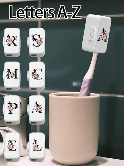 便携式牙刷套，黑色花朵字母A-Z图案，旅行牙刷收纳盒，便携式牙刷头保护夹，牙刷收纳夹，牙刷保护套，保护牙刷头，便携设计方便携带，旅行防尘牙刷头套，送给爱人、朋友、家人、老师、旅行爱好者的最佳礼物，居家、宿舍必备
