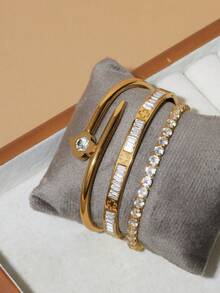 Bộ 3 vòng tay bằng thép không gỉ mạ vàng 18K đính đá Zirconia, bộ vòng tay thời trang dành cho nữ, thích hợp để đeo hàng ngày và làm quà tặng dịp lễ. - Vàng 2 - Xem 1