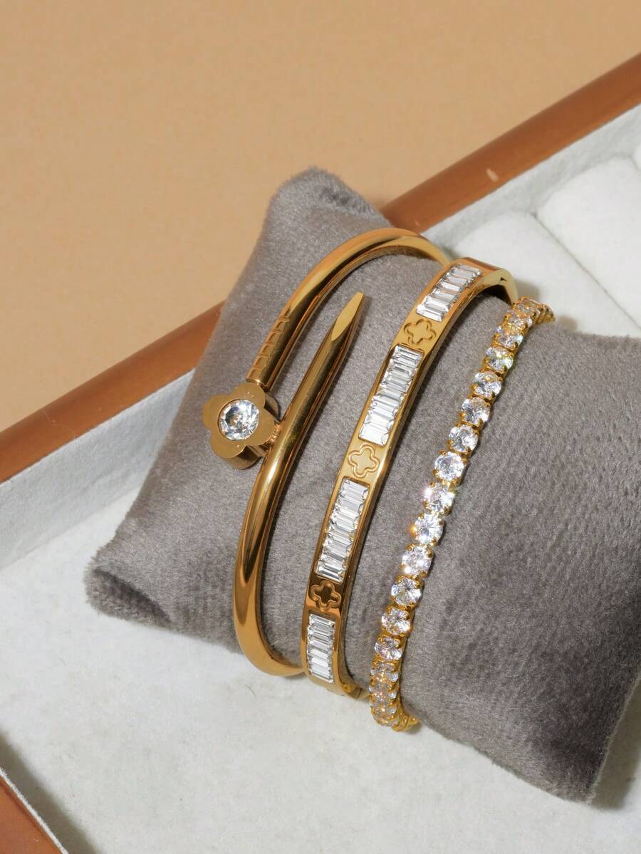 Bộ 3 vòng tay bằng thép không gỉ mạ vàng 18K đính đá Zirconia, bộ vòng tay thời trang dành cho nữ, thích hợp để đeo hàng ngày và làm quà tặng dịp lễ. - Vàng 2 - Xem 1