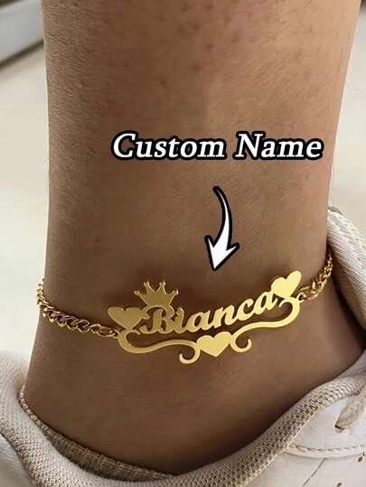 1PC Custom Personalized Love Crown Name Anklet, Custom Anklet, High Quality Cuban Chain, Stainless Steel Jewelry, Custom Name Anklet, Custom Jewelry, Name Custom Things, Custom Christmas Gifts, Halloween Jewelry, Anniversary Gifts, Birthday Gifts, Suitable For Personalized Gifts For Family And Friends