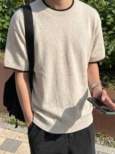 Camiseta de punto de manga corta con cuello redondo básico, holgada y de unicolor, estilo retro americano para hombres, primavera/verano