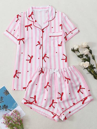 Conjunto de pijama de pantalón corto y blusa de manga corta con estampado de rayas y lazo para mujer
