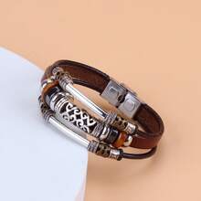 Hollowed-Out Curved Tube Beaded Stainless Steel Clasp Genuine Leather Bracelet - Coffee Brown - View 9