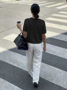 Round Neck Solid Color Faux Pearl Button Short Sleeve Casual Versatile Knit Cardigan, Loose Fit, Suitable For Everyday Wear Black Spring - Black - View 7