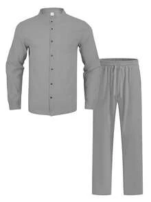 1 Conjunto de ropa de verano holgada y ligera para hombre: Camisa de manga larga con botones y cuello, color azul claro + Pantalones de pierna recta (Nota: La tela de lino puede arrugarse fácilmente y tener una ligera transparencia, por favor considérelo antes de comprar. Consulte la tabla de tallas en los detalles) - Gris Claro - Ver 2