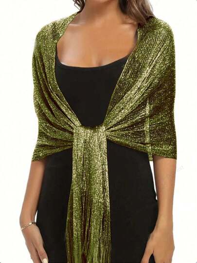 Chal metálico de color verde oliva brillante, con hebilla redonda, elegante y liviano con flecos, chal de vestir de fiesta para mujer