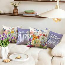 Spring Summer Bird Butterfly Floral Purple Throw Pillow Covers 18x18 Set Of 4 Hello Sunshine Home Sweet Home Farmhouse Cushion C - 灰色2件 - 查看 5