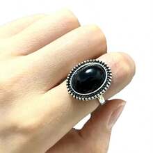 波西米亚风深黑色戒指，镶嵌夸张圆形玛瑙石，周年纪念/生日礼物，女士奢华珠宝，适合晚宴场合 - 黑色 - 查看 3