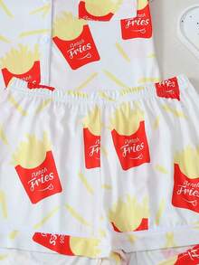 2 Piece Sets Woman Pajama, Fun French Fries Print, Soft Breathable Loungewear, Spring Summer Short Sleeve Lapel Top & Elastic Waist Shorts - trắng - Xem 7