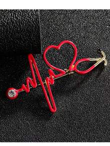 1pc ECG Stethoscope Brooch, Women's Safety Pin Brooch Suitable For Daily, Vacation, Travel - Red - View 3
