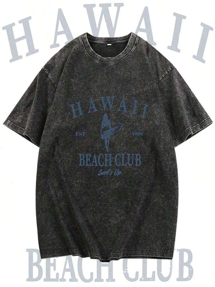 Camiseta nueva de moda para chicas de primavera y verano. Camiseta gráfica vintage lavada para hombre "Hawaii Beach Club" - 230g 100% algodón, cuello redondo suave, manga corta, estampado retro de surf hawaiano con "Surf's Up" y "EST". 1959" Detalle, Camiseta Casual Cómoda Para Hombre (Perfecta Para Combinar En Pareja) - Albaricoque - Añade 11