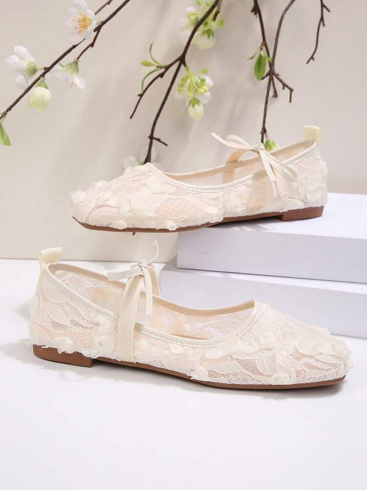 蕾丝网面方头玛丽珍鞋，蝴蝶结装饰时尚法式乐福鞋，女士春秋新款优雅通勤办公简约平底鞋 - 米色 - 查看 6