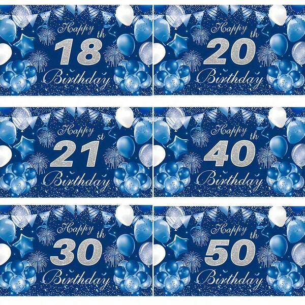 1 Pieza de tela de poliéster con decoración de cumpleaños plana en 2D, fondo de color azul marino con brillo plateado para bandera de cumpleaños 18/20/21/30/40/50, decoración de fiesta de cumpleaños de adultos, fondo fotográfico con tema de globos y fuegos artificiales, decoración colgante para fiesta de cumpleaños estilo europeo y americano