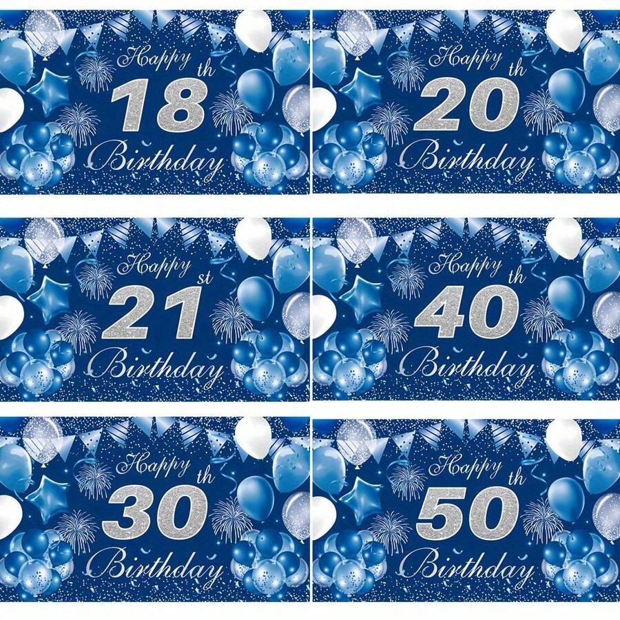 1 Tấm vải phông nền trang trí sinh nhật 2D phẳng bằng polyester, màu xanh hải quân ánh kim bạc, thích hợp cho sinh nhật 18/20/21/30/40/50 tuổi, kèm banner "Chúc mừng sinh nhật" dành cho người lớn, phông nền tiệc sinh nhật chủ đề bóng bay và pháo hoa, phông nền chụp ảnh treo tường trang trí tiệc sinh nhật kiểu Châu Âu và Mỹ. - Phong cách sinh nhật A - Xem 1