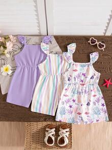Baby Girls' Summer Underwater Animal Print, Striped & Solid Color Flutter Sleeve 3-Piece Romper Set, Sporty Outdoor - Mauve Purple - View 3