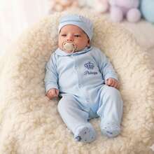 Long Sleeve Romper For Baby Boy With Blue Prince Crown Cap 02 Pieces - 藍色 - 查看 2