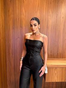 Faux Leather Wide Leg Pants And Cropped Top Set – A Powerful And Modern Look - 黑色 - 查看 4