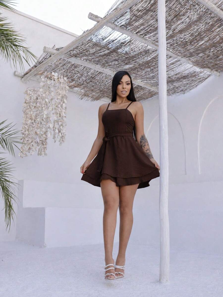 Women's Flared Romper In Viscose Fabric With Adjustable Straps, Padded Cups, Elastic Back, And Belt. Perfect For Everyday Summer Wear. - Rust Brown - View 1