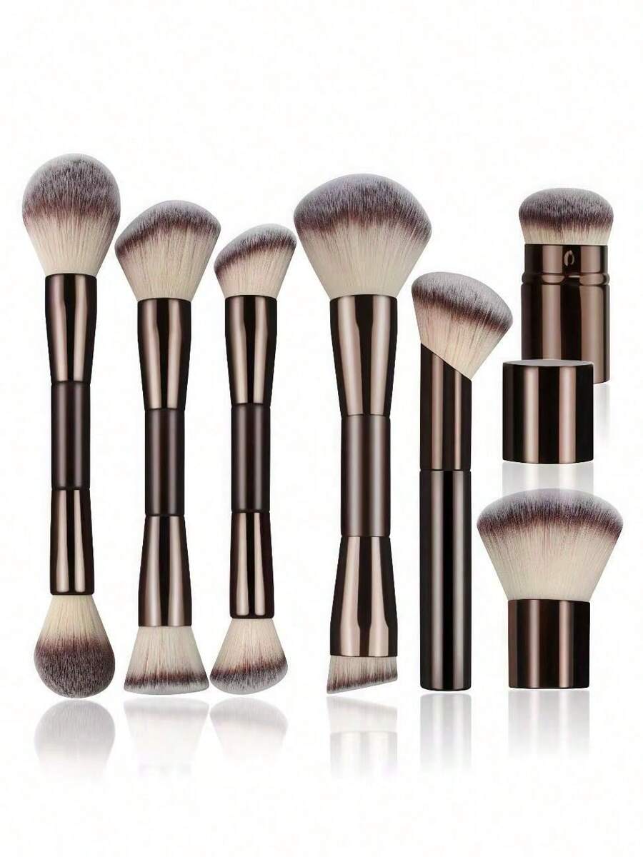 7pcs Multifunctional Double-Ended Makeup Brushes Set, Including Foundation Brush, Powder Brush, Blush Brush, Concealer Brush, Contour Brush, Suitable For Women - Coffee Brown - View 1