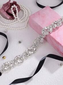 1pc Silver Rhinestone & Black Ribbon Applique Bridal Sash - Silver - View 3