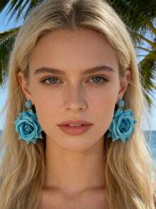 imoli 一对波西米亚风涤纶拉菲草3D玫瑰花耳环,小众礼物,适合女性海滩度假 - 彩色 - 查看 7