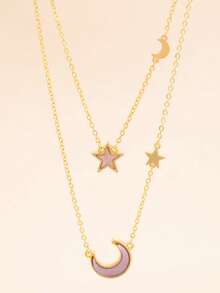 Dây chuyền hai lớp tối giản, mặt dây chuyền hình ngôi sao và mặt trăng màu tím, trang sức thời trang. - Màu tím hoa cà - Xem 1