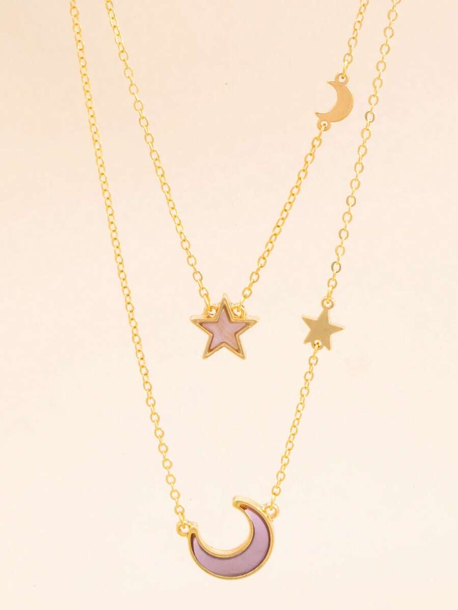 Dây chuyền hai lớp tối giản, mặt dây chuyền hình ngôi sao và mặt trăng màu tím, trang sức thời trang. - Màu tím hoa cà - Xem 1