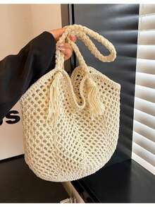 Hollow Mesh Tassel Straw Tote Bag, Large Capacity Vacation Commute Shoulder Beach Bag For Women,Holiday Essential,Summer,Beach Bag,Holiday Bag - Multicolor - View 5