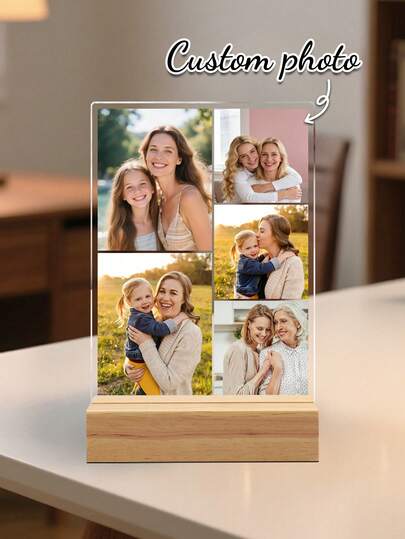 Customized Photo Acrylic Frame With Wooden Base, Personalized Acrylic Frame, Gift For Mom/Couple/Family, Birthday, Anniversary, Couple, Home Decor