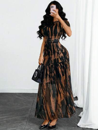 Vestido de mujer gótico, sexy, elegante y moderno con rayas de contraste, volantes asimétricos en la cintura, de doble capa de malla y manga corta, adecuado para citas, vacaciones y uso diario en primavera