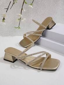 Sandal Hak Tebal Berhiaskan Rhinestone Gaya Prancis, Desain Musim Panas Terbaru dengan Tali Tipis, Melangsingkan, Modis, Serbaguna, Hak Tinggi yang Elegan - Emas - View 4