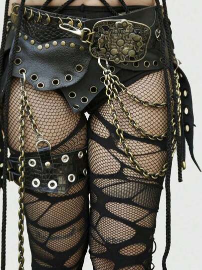 ROMWE Grunge Punk 1 Piece Punk Style Suit, 1 Piece Minimalist Solid Color Mesh Fishnet Socks + 1 Piece White Ripped Pantyhose, Y2K Tights Combination, Suitable For Daily, Party And Music Festivals
