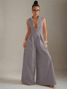 Extreme Wide Leg Zip Front Sleeveless Jumpsuit - Grey - View 2