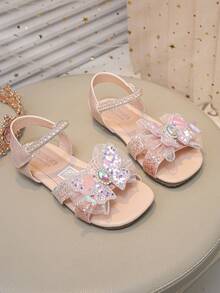 女童公主凉鞋，新款夏季美人鱼蝴蝶结水钻鞋，儿童软底防滑沙滩凉鞋 - 粉色 - 查看 2