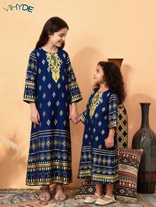 Vihyde 1 chiếc áo choàng dài dự lễ hội cho bé gái tuổi teen, màu xanh hải quân với viền cổ áo họa tiết hình học ánh vàng và tay áo dài 3/4. - Màu xanh hải quân - Xem 2