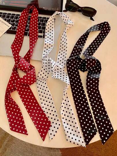 1pc Elegant Polka Dot Silk Scarf, Can Also Be Used As A Long Scarf Or Waist Belt. Suitable As An Accessory To Match Bags, Shirts, Ribbons, Hair Accessories, Belts, For Daily Wear, Parties And Photoshoots. This Square Scarf, Waist Belt And Scarf 3-In-1 Design Is Fashionable And Practical. Beach Hair Bands Vacay Headbands
