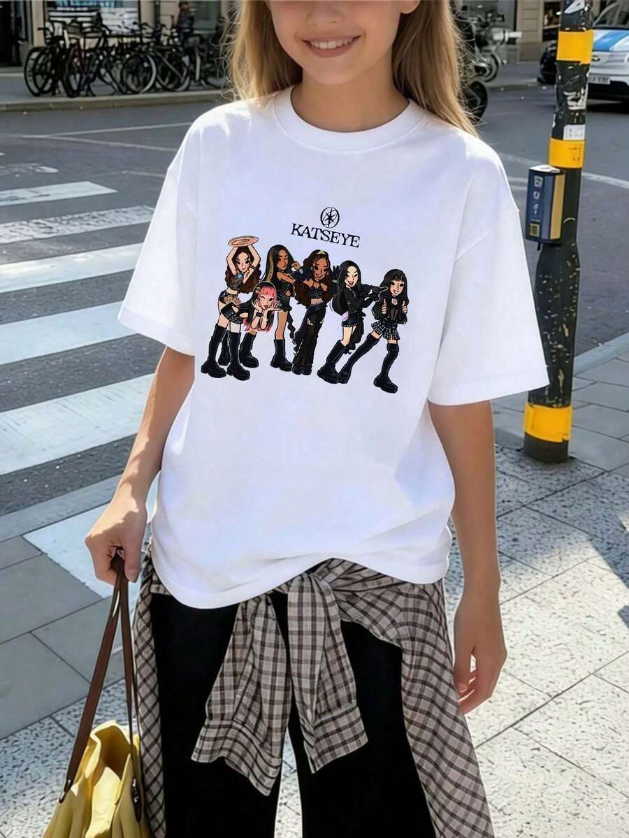 少女休闲印花圆领短袖T恤,夏季上衣 - 白色 - 查看 1
