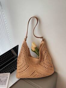 新款极简主义单肩编织手提包，女士款 - 卡其色 - 查看 6