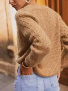 Solid Color Cardigan Long Sleeve Knit Sweater Jacket, Autumn/Winter - Khaki - View 3