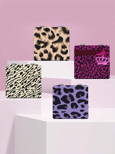 1个豹纹小方镜，便携式旅行化妆镜，双面折叠手持镜，节日送给女孩的小礼物