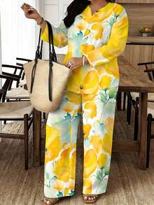 A Set Of Plus Size Women's Lapel Short-Sleeve Long Pants In White With Yellow Poppies, Fresh And Gentle, Woven Fabric, Soft And Casual, For Best Friends, Suitable For Afternoon Tea Gatherings In Summer - 彩色 - 查看 2