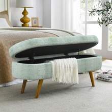 Banca Ovalada de Almacenamiento 43.5" de Alfombra de Lino Acolchada con Patas de Madera Sólida para Sala de Estar/Cama/Entrada Beige - Cian - Ver 9