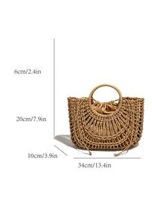 2件套新款时尚草编手提包，镂空沙滩包，大容量度假手提包 - 卡其色 - 查看 6