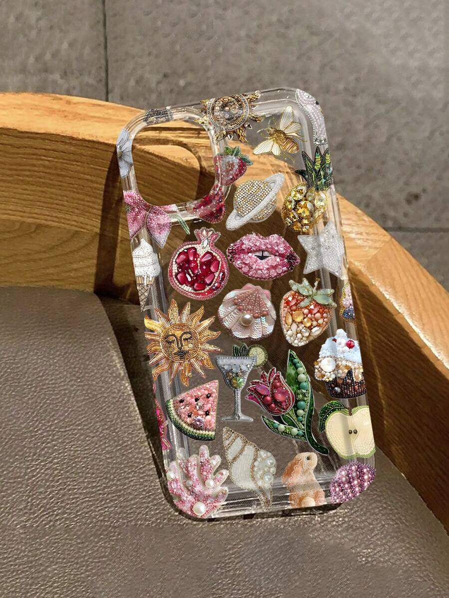 Lips 1pc Airbag Bead Embroidered Pomegranate Lip Pattern Full Coverage TPU Shockproof Phone Case Compatible With Apple 17, 16, 15, 14, 13, 12, 11 Pro Max And Series - Multicolor - View 1